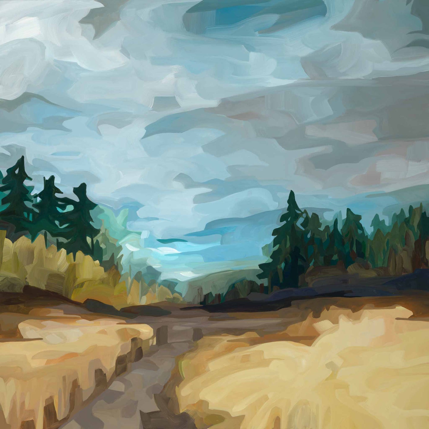 An oversized abstract landscape painting with a trail, grasses, clouds and sky that invites the viewer to escape into nature