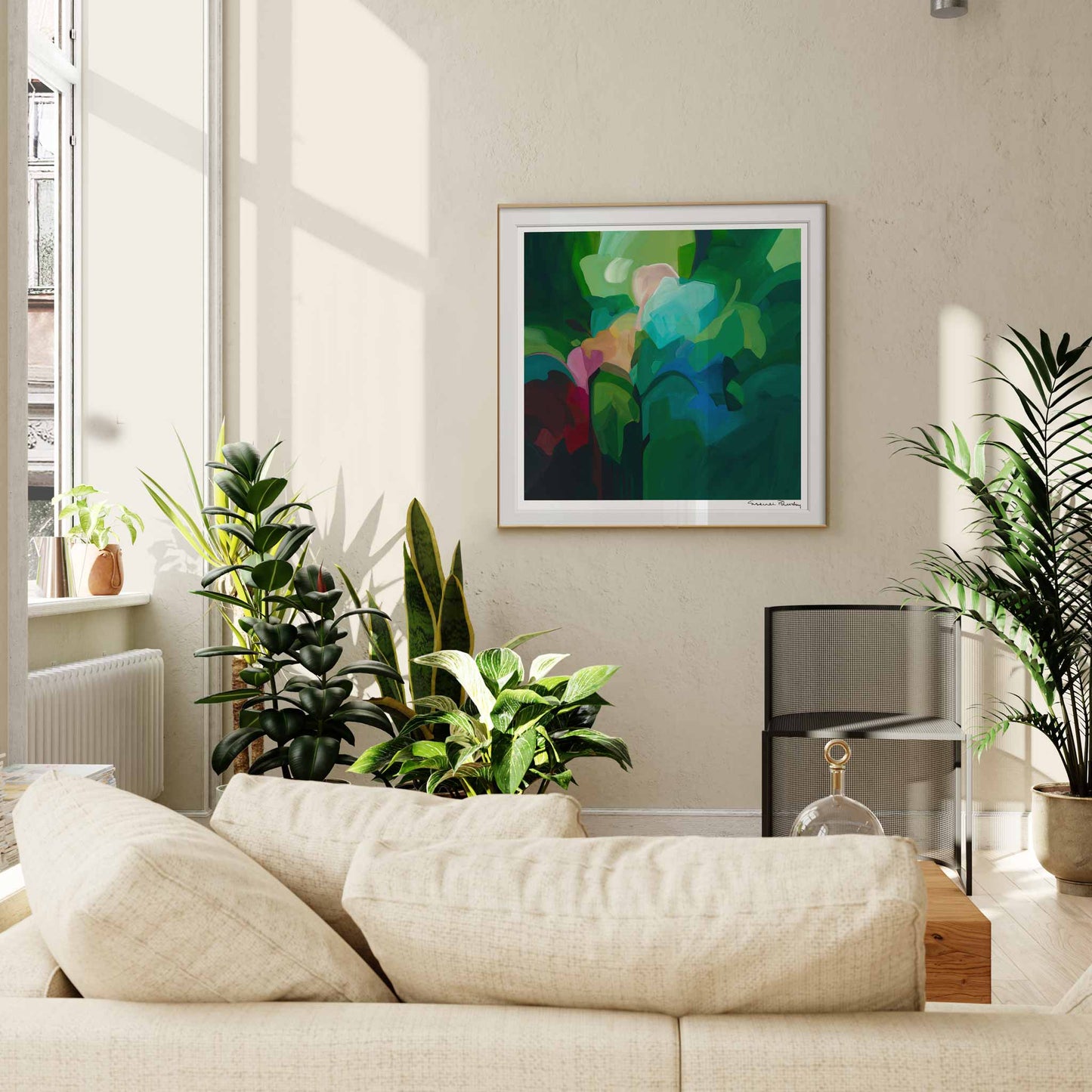 emerald green abstract art print in living room