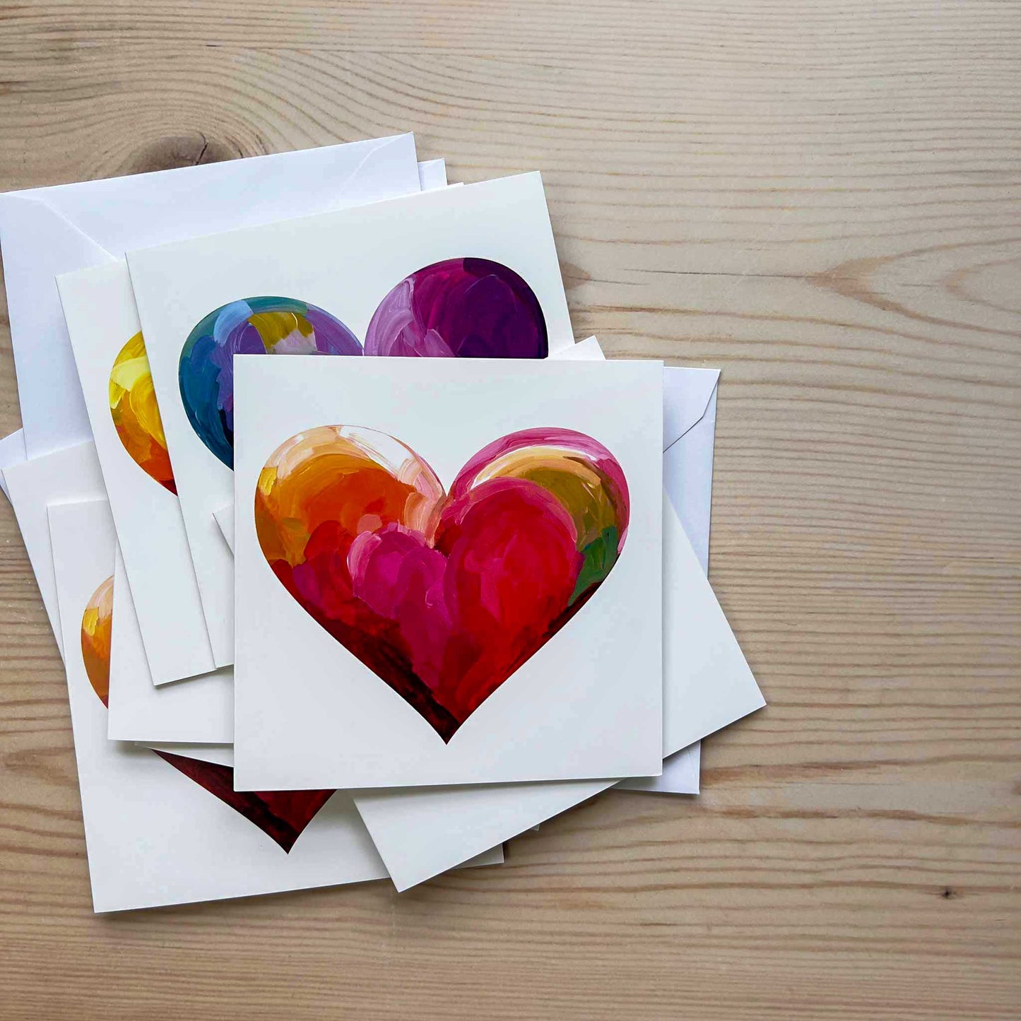 Collection of abstract heart greeting cards featuring colourful contemporary heart artwork
