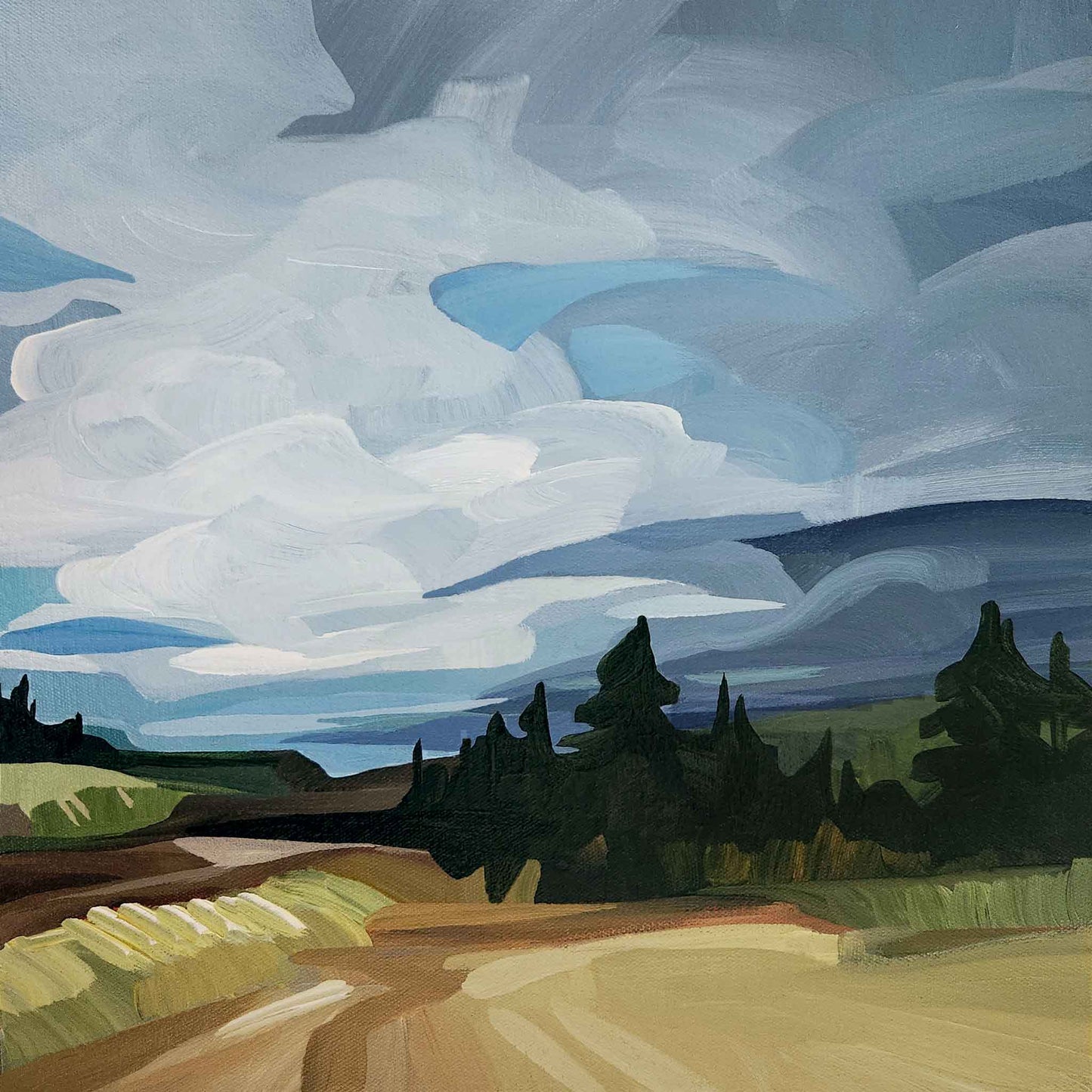 acrylic painting of abstract landscape under big blue sky