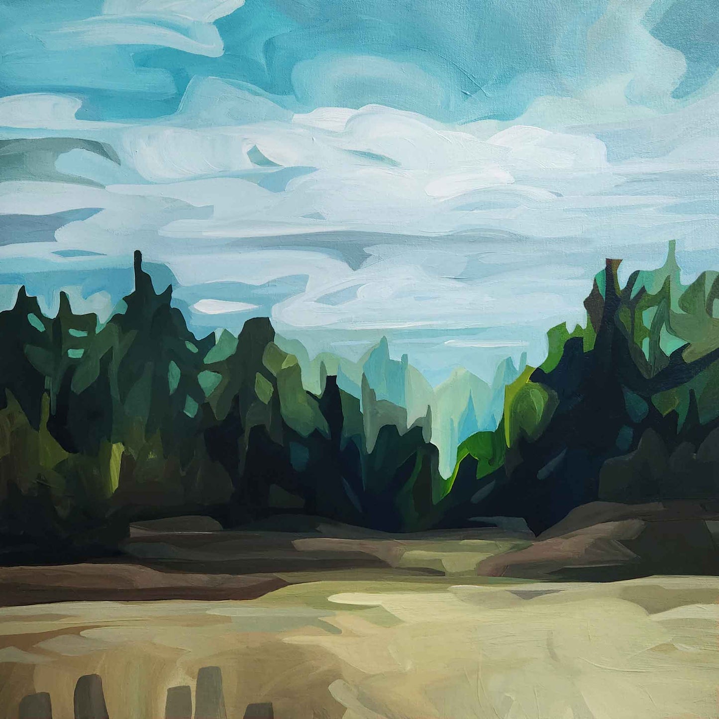 An abstract landscape painting from the 'Down to Earth' collection with a calm sky painted in soft blues and a lush forest landscape