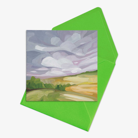 abstract mauve sky greeting card with green envelope