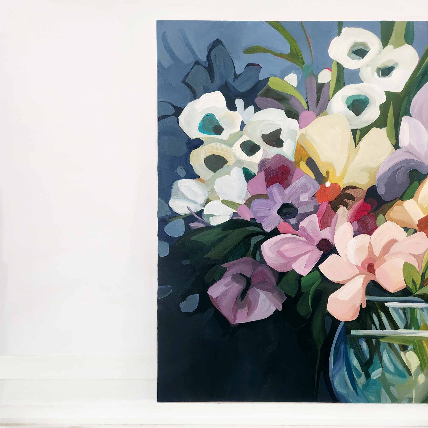 Large blue abstract floral painting with a burst of spring colour and energy