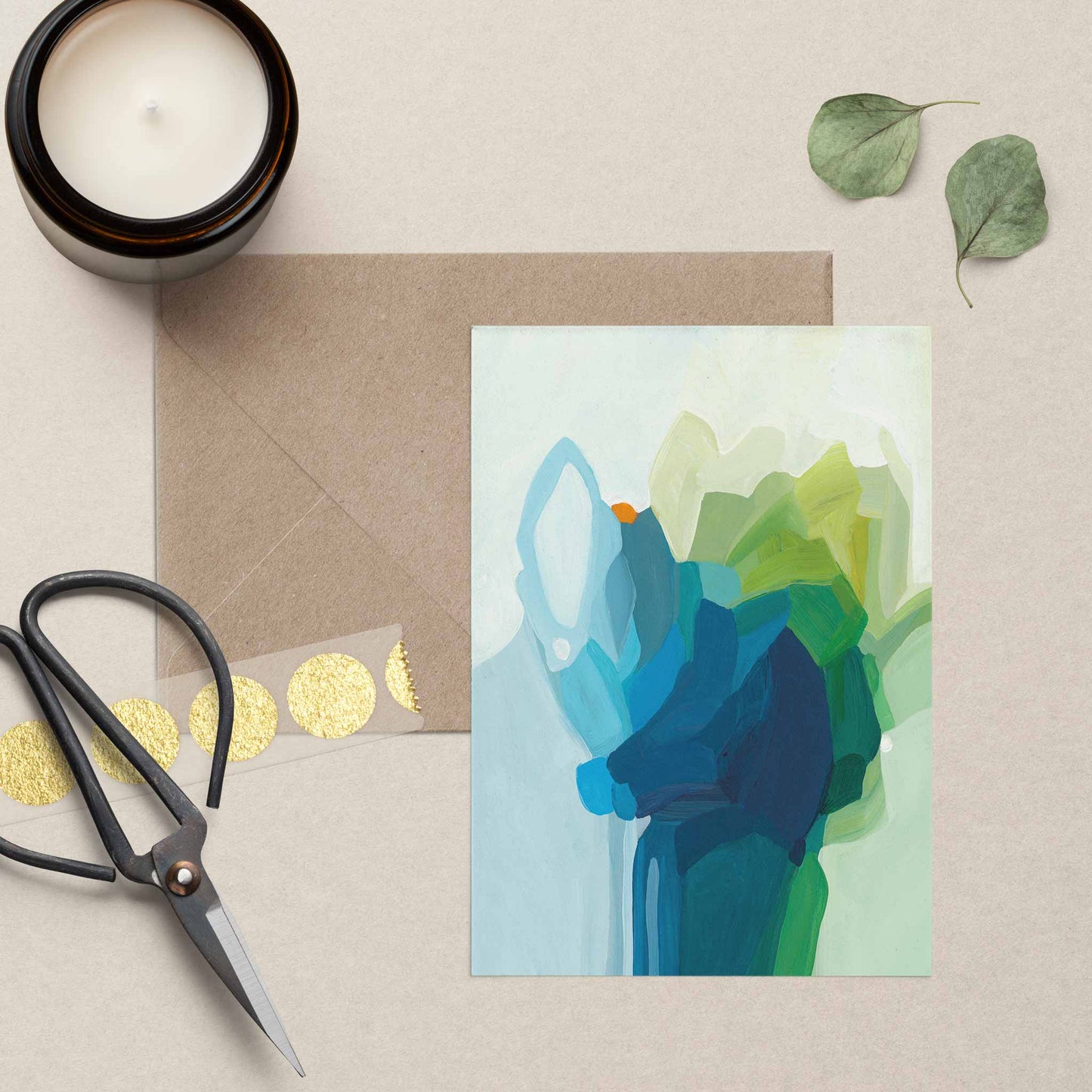 blue green floral art card