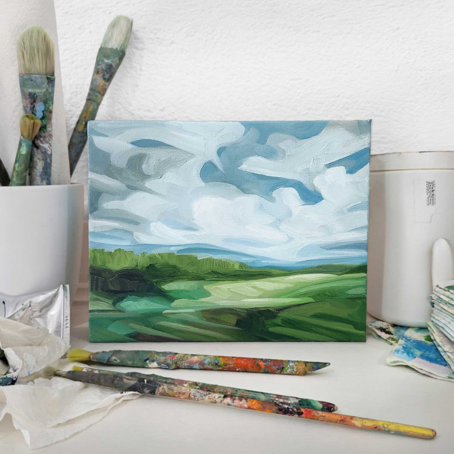 original landscape oil painting with blue sky and fresh green countryside
