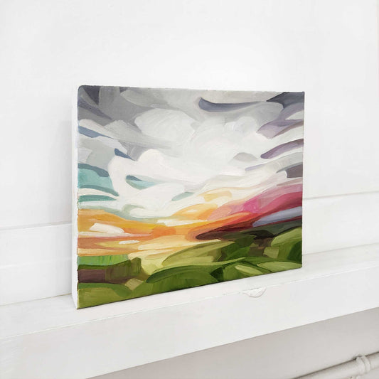 Colourful abstract oil painting inspired by expansive skies and natural landscapes.