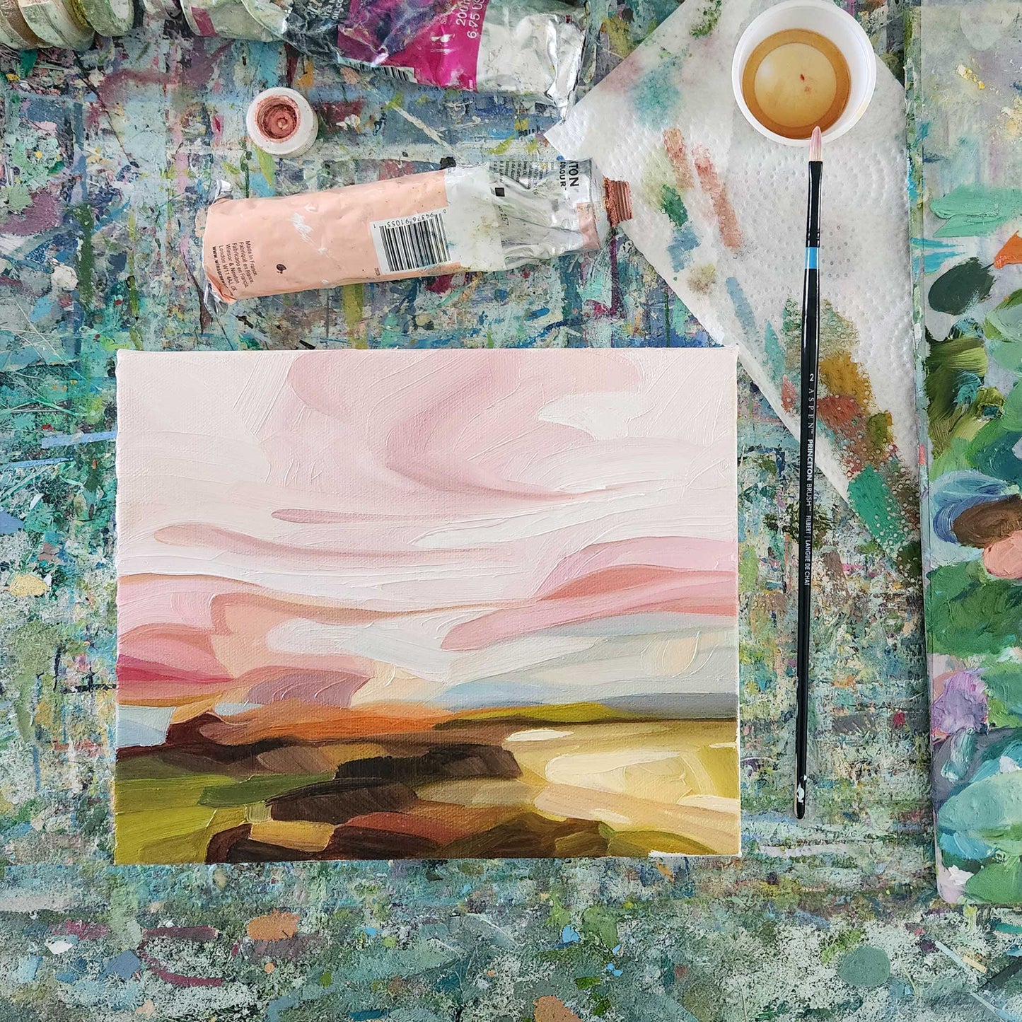 original oil landscape painting with a pink sky and colourful landscape scene