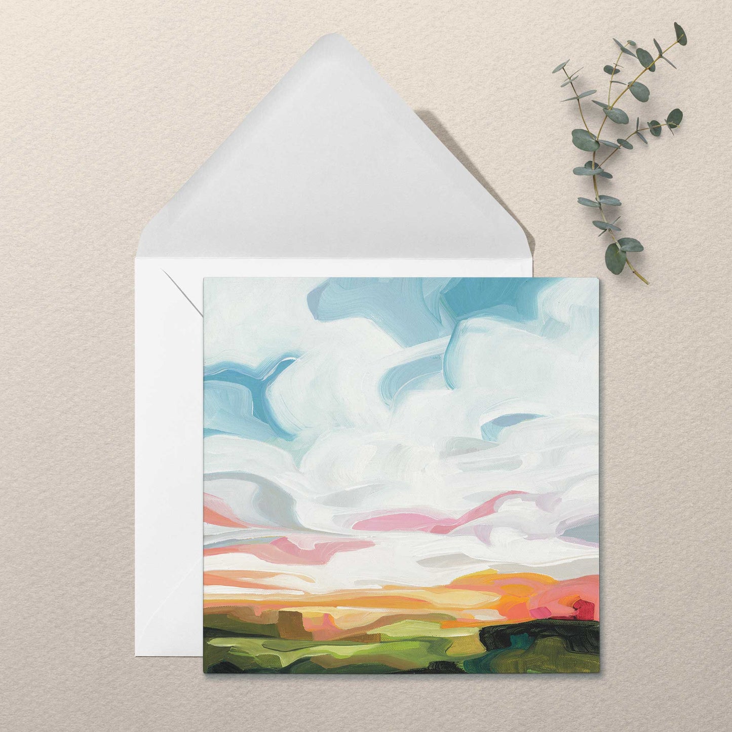 Colourful spring sky greeting card inspired by bright morning light, expressive clouds, and uplifting countryside landscapes