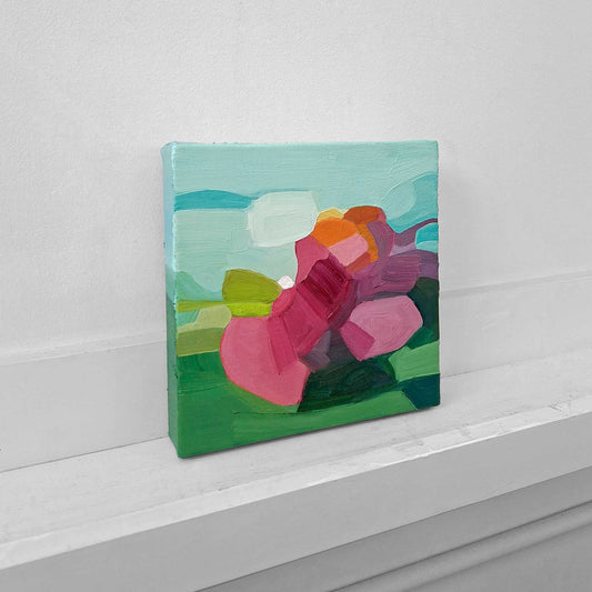 brightly coloured abstract oil painting inspired by a countryside landscape