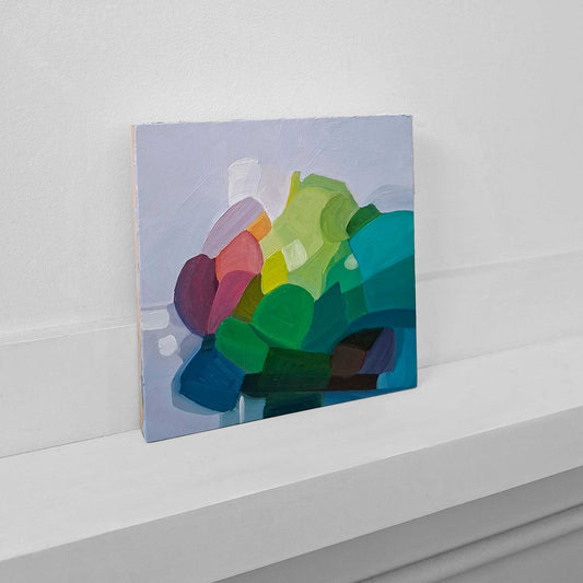 green and mauve abstract oil painting on birch panel