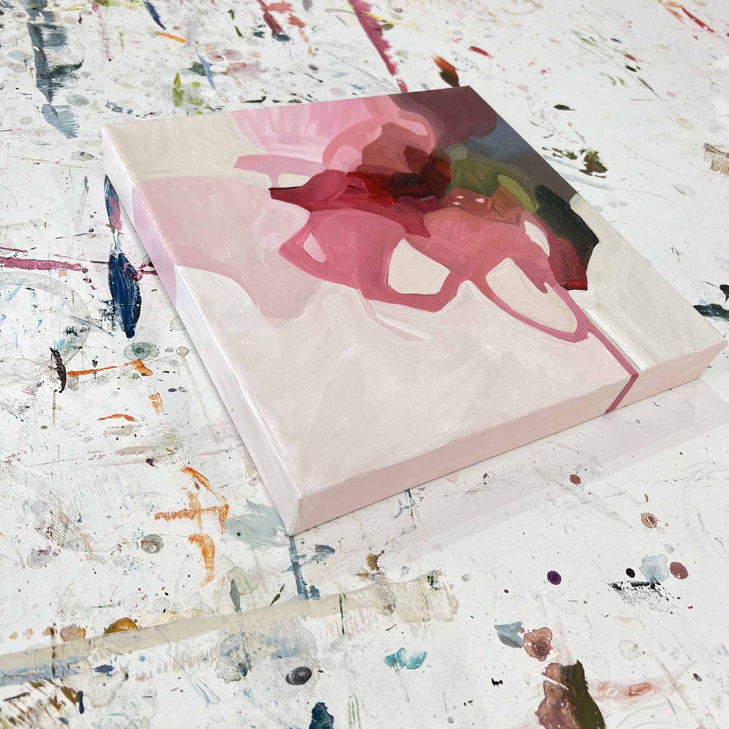 Side view of cream and pink floral abstract art from Canadian abstract artist Susannah Bleasby’s small abstract painting series