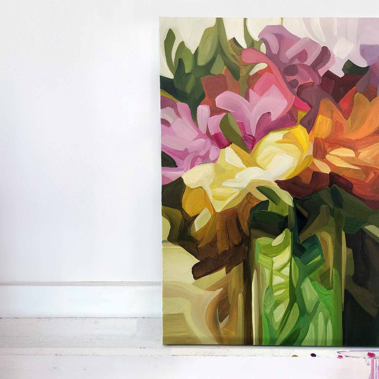 vertical painting of a bunch of mauve and golden wildflowers