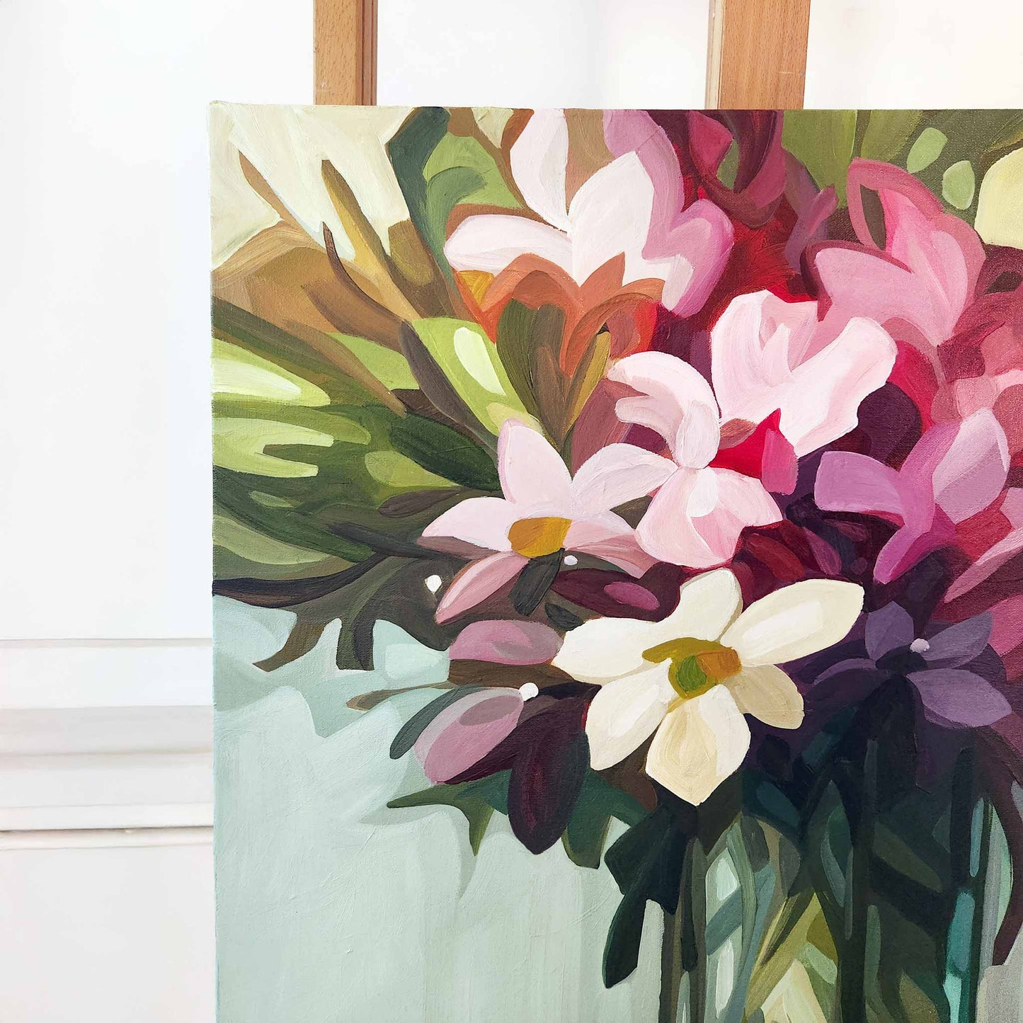 pink flower bouquet painting corner close up