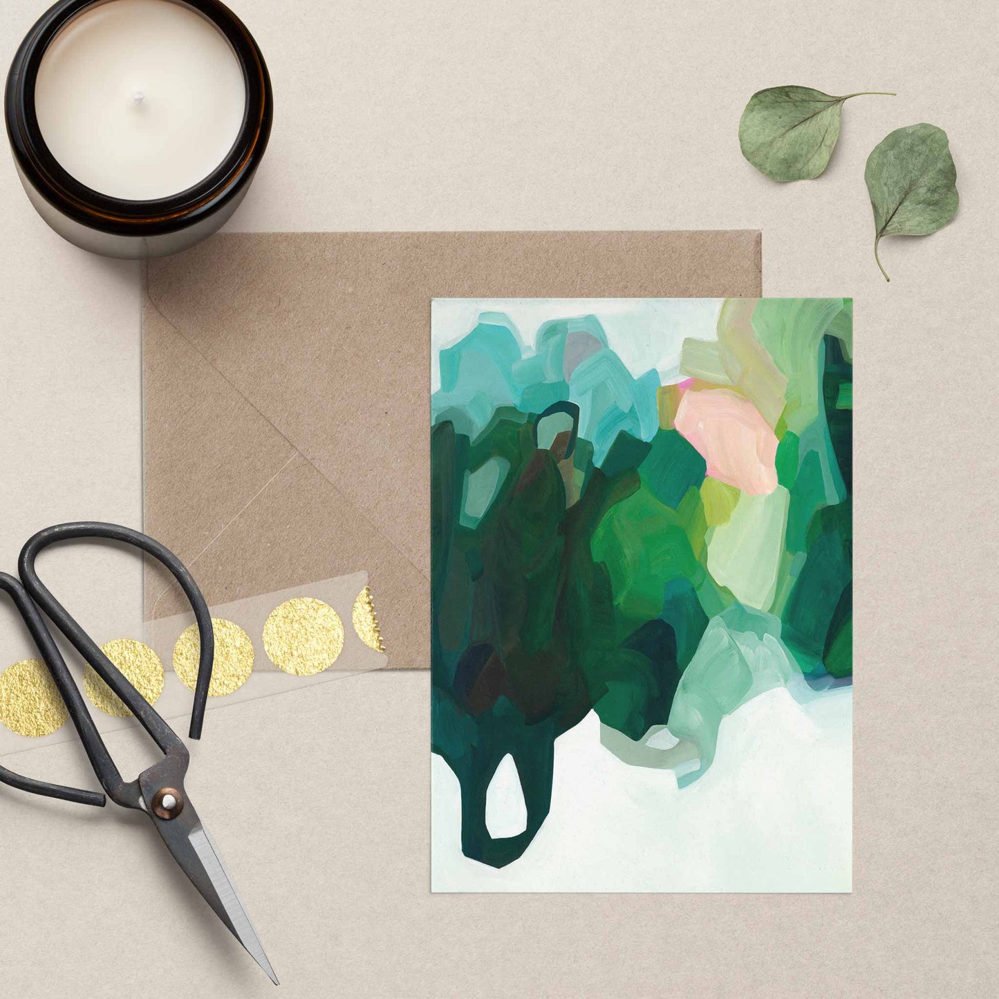 green A6 abstract art card flat lay