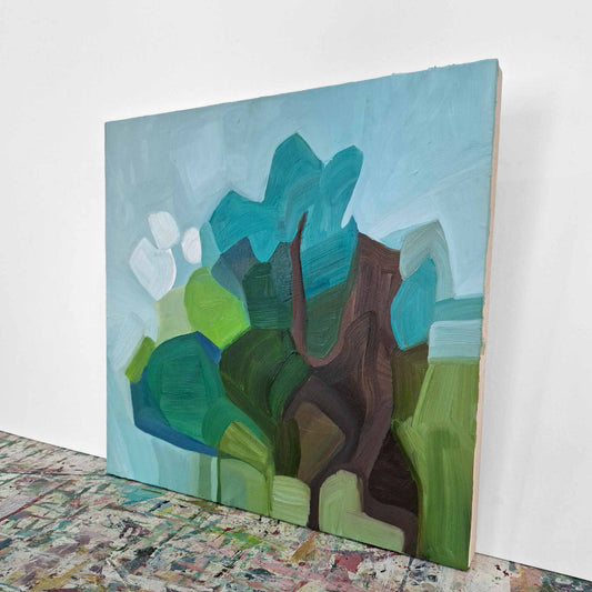 blue green and teal abstract oil painting inspired by woodland and garden landscapes