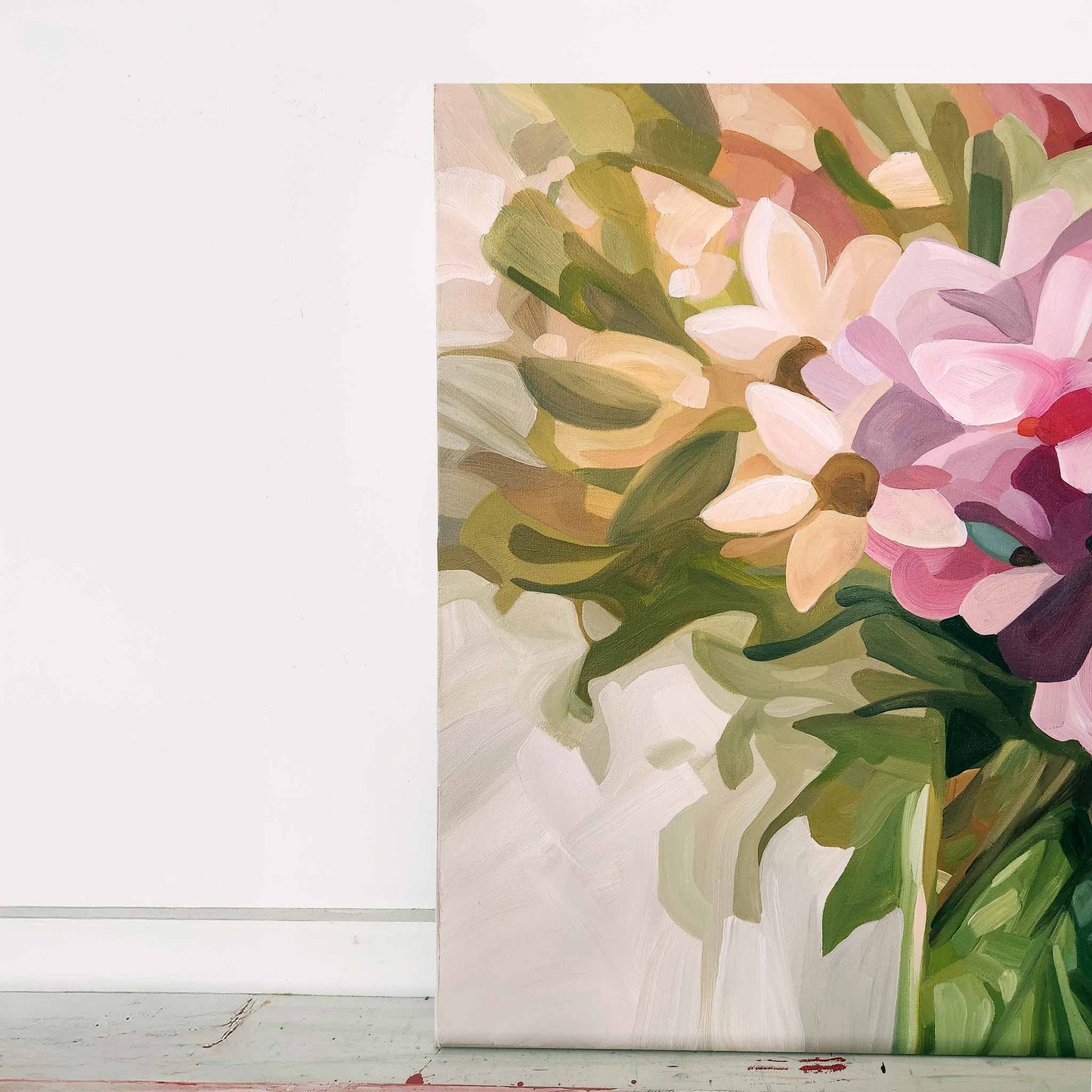 side close up of vibrant floral painting