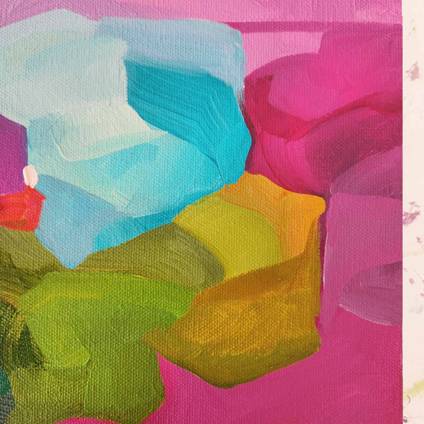 Close up of abstract acrylic painting on canvas in hot pink by Canadian abstract artist Susannah Bleasby