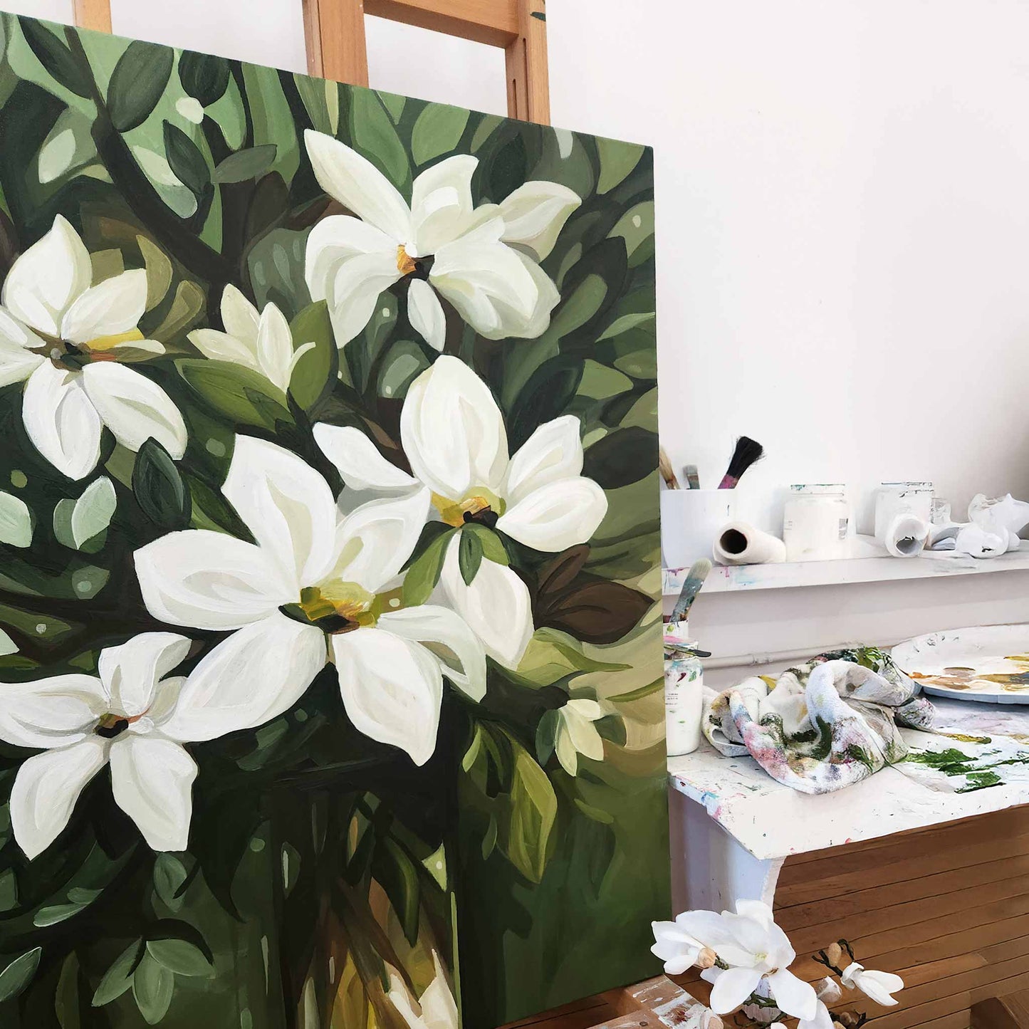 large flower painting stella in studio