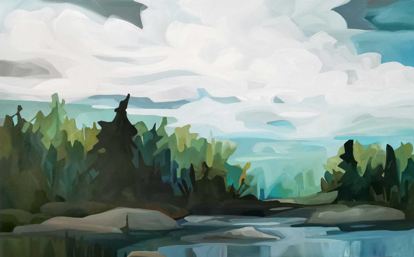 a long horizontal landscape painting called Longshore by Canadian abstract artist Susannah Bleasby