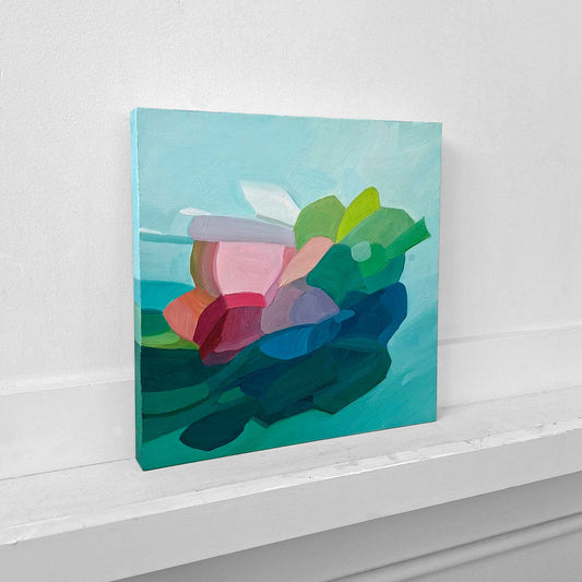 original abstract oil painting with organic green blue and pink shapes on a teal background