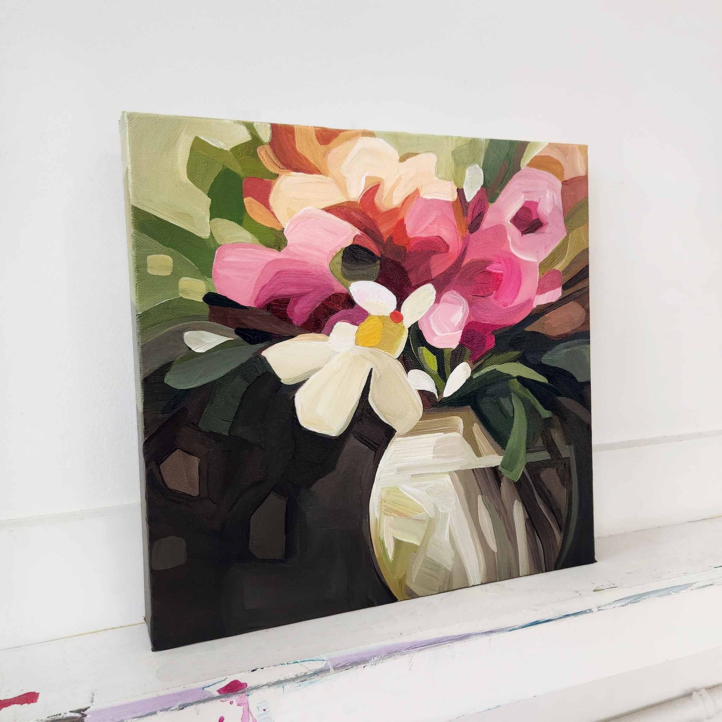 Original floral canvas art with peach pink bouquet and natural tones