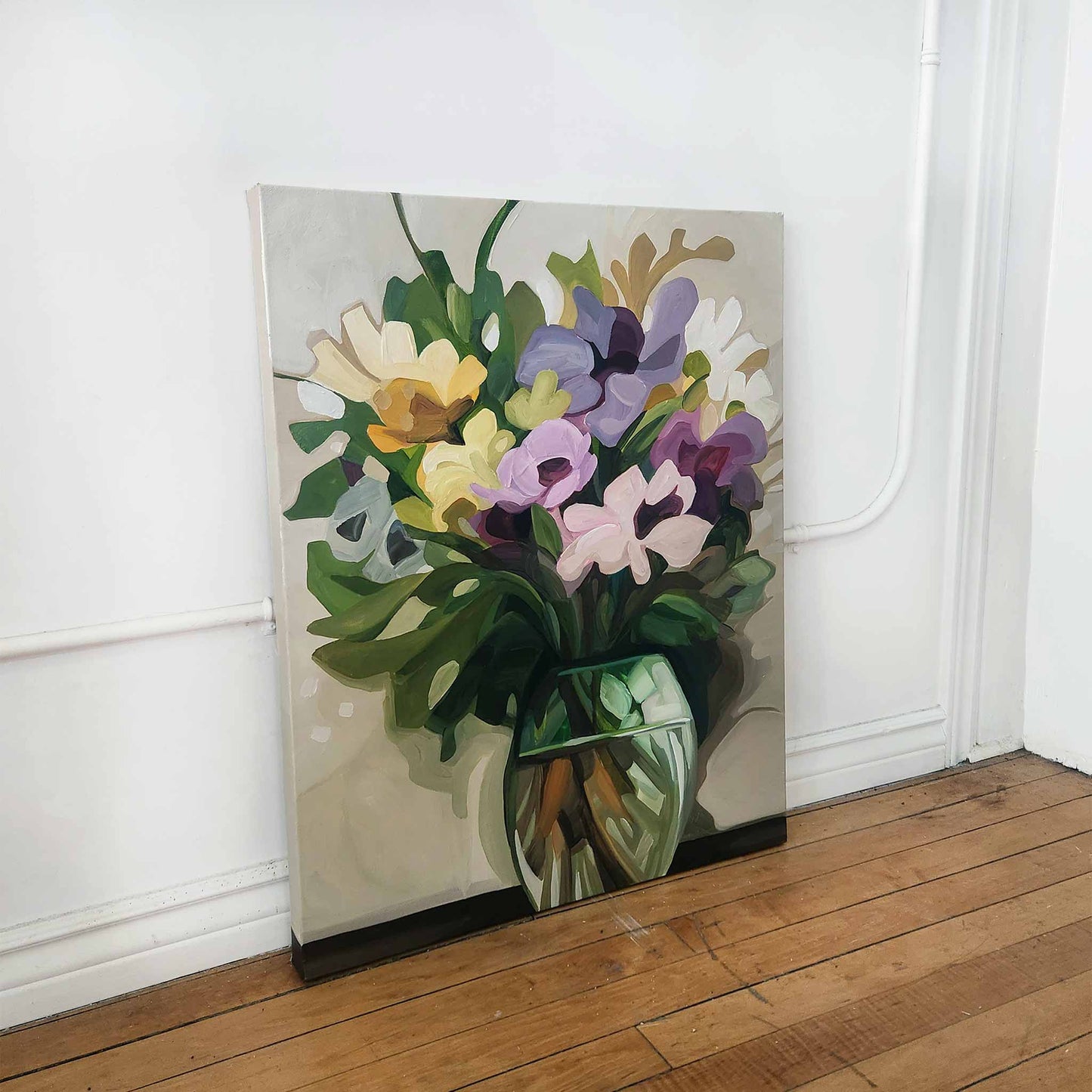 Contemporary abstract floral artwork with warm tones and playful composition