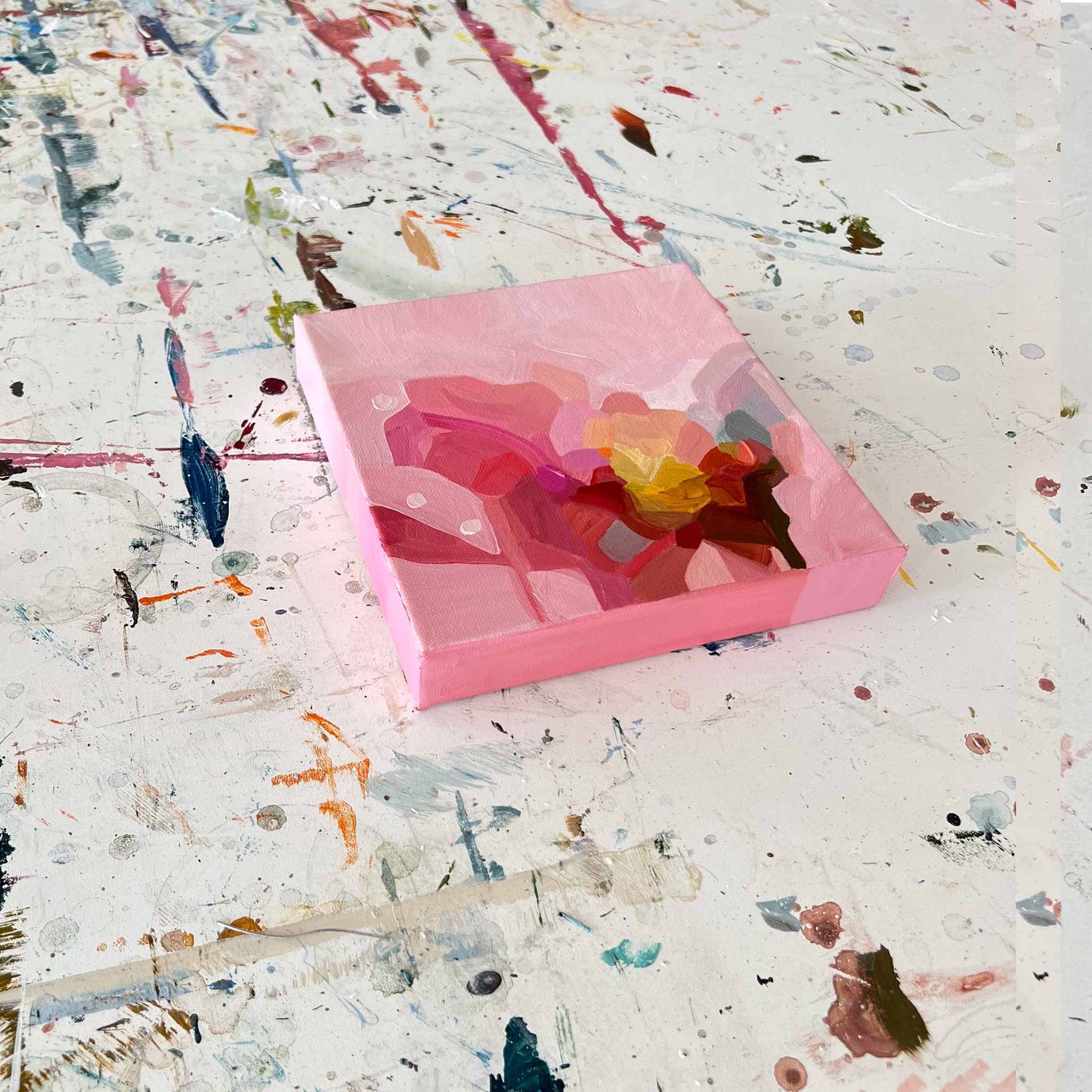 Side view of Canadian abstract artist Susannah Bleasby’s pink abstract wall art small abstract painting