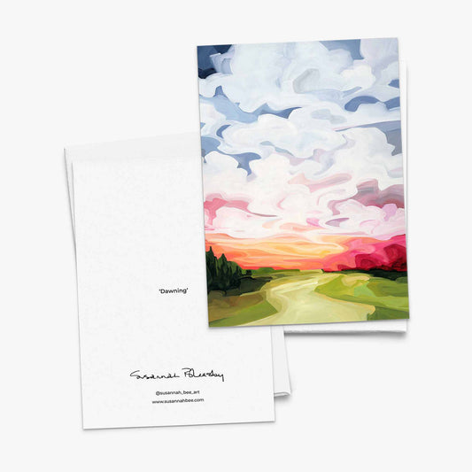 Fine art greeting card featuring colourful pink dawn horizon