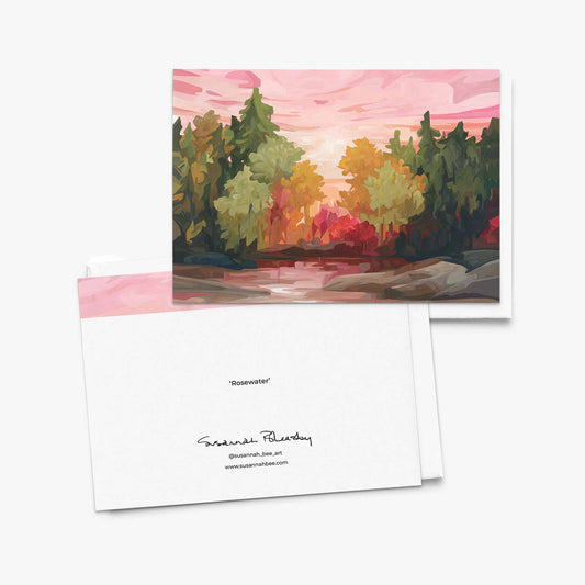 Fine art greeting card featuring pink and red autumn trees