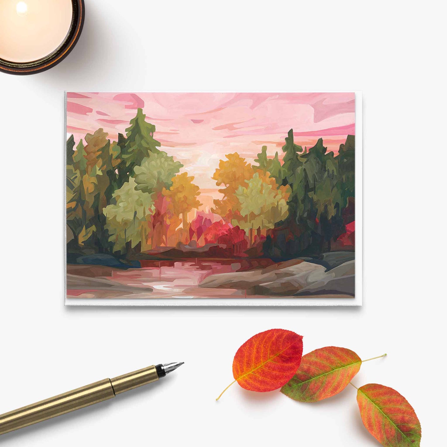 Blank greeting card inspired by colourful autumn forest landscape
