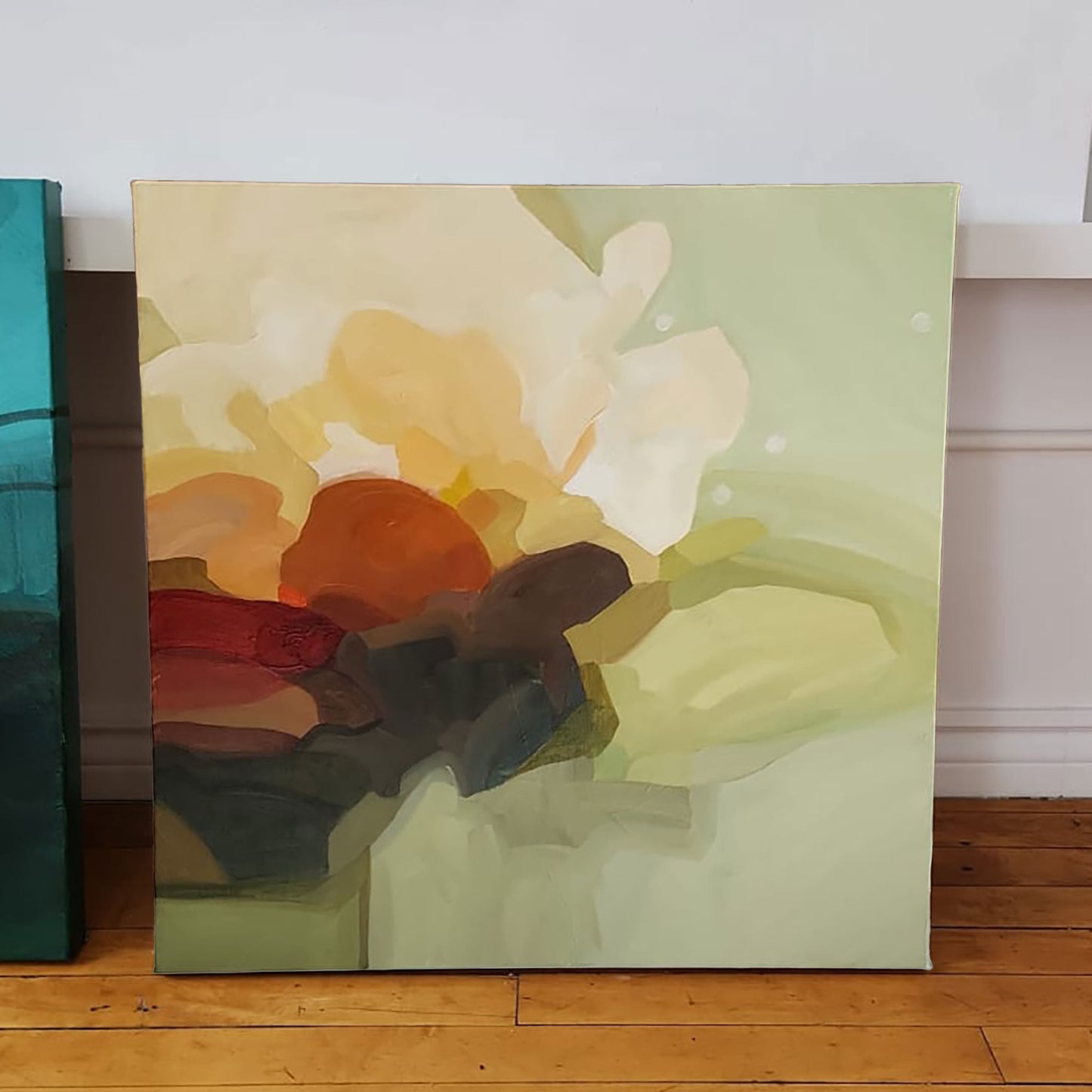 original abstract acrylic painting in soft green and creamy tones by Canadian artist Susannah Bleasby