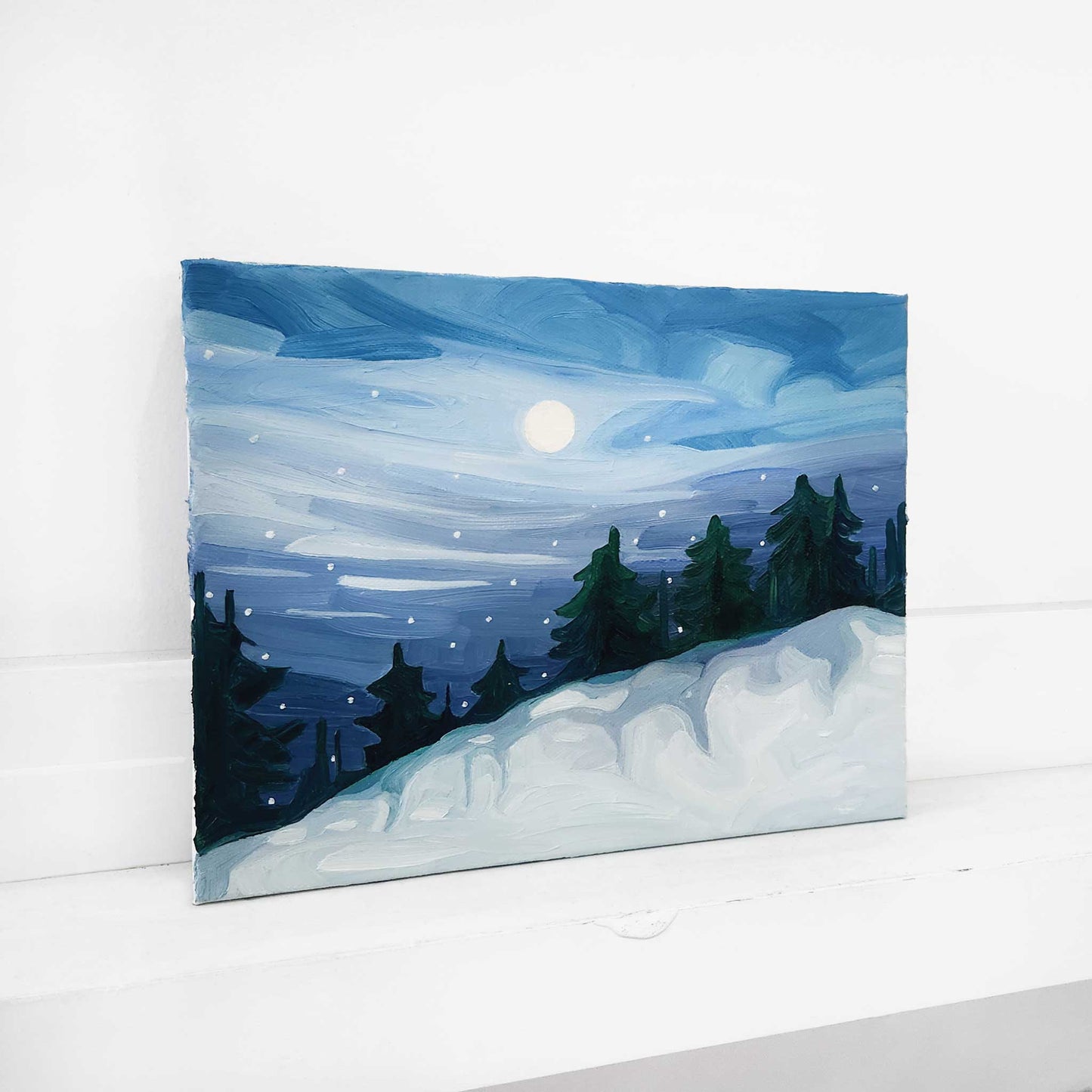 Winter forest landscape painting with fresh snow and tranquil woodland scenery.