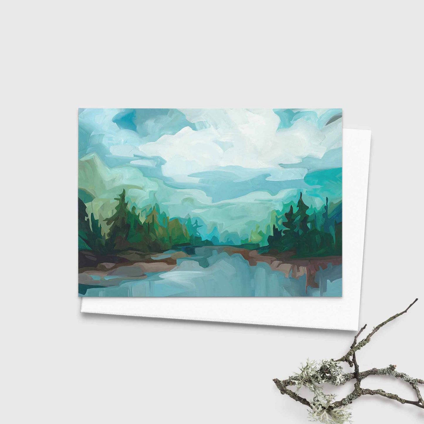 Blank greeting card inspired by calm forest and lakeside scene