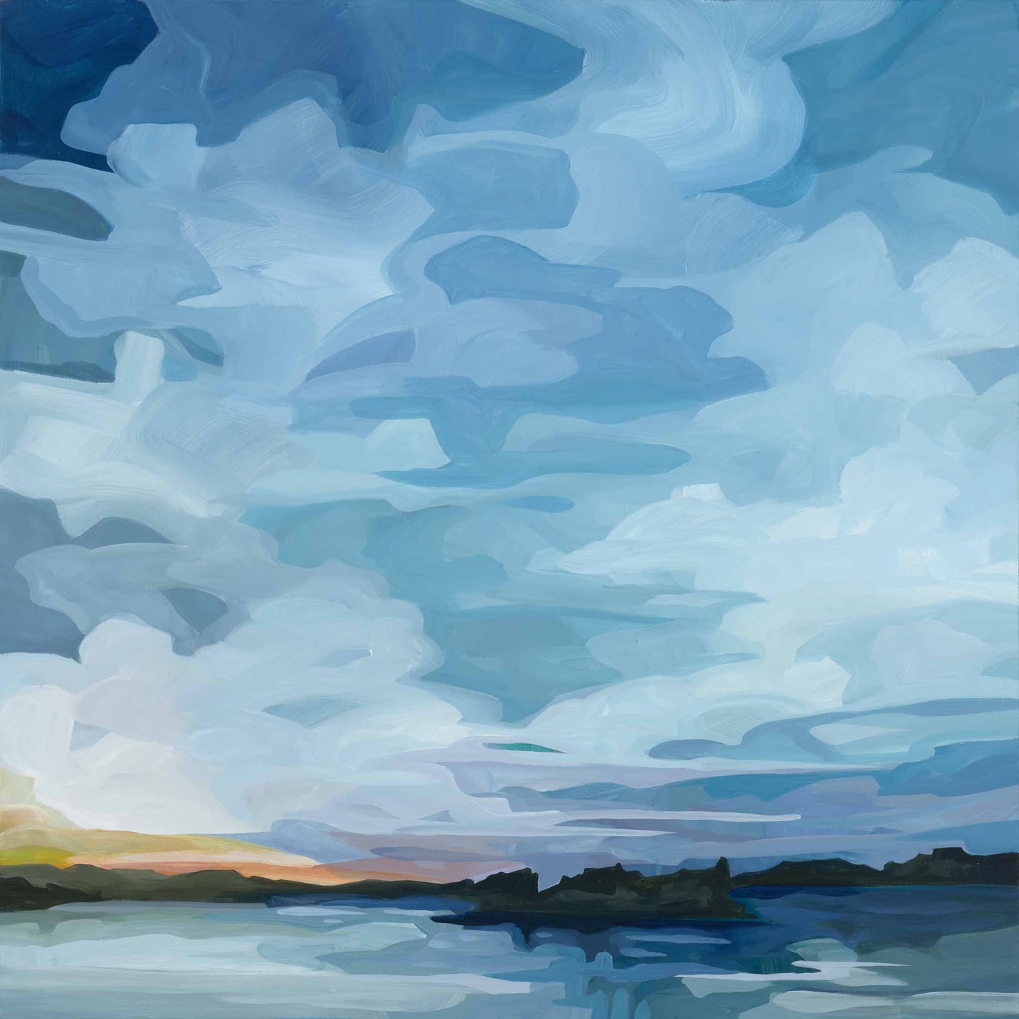 sunrise painting on canvas blue hour at the lake