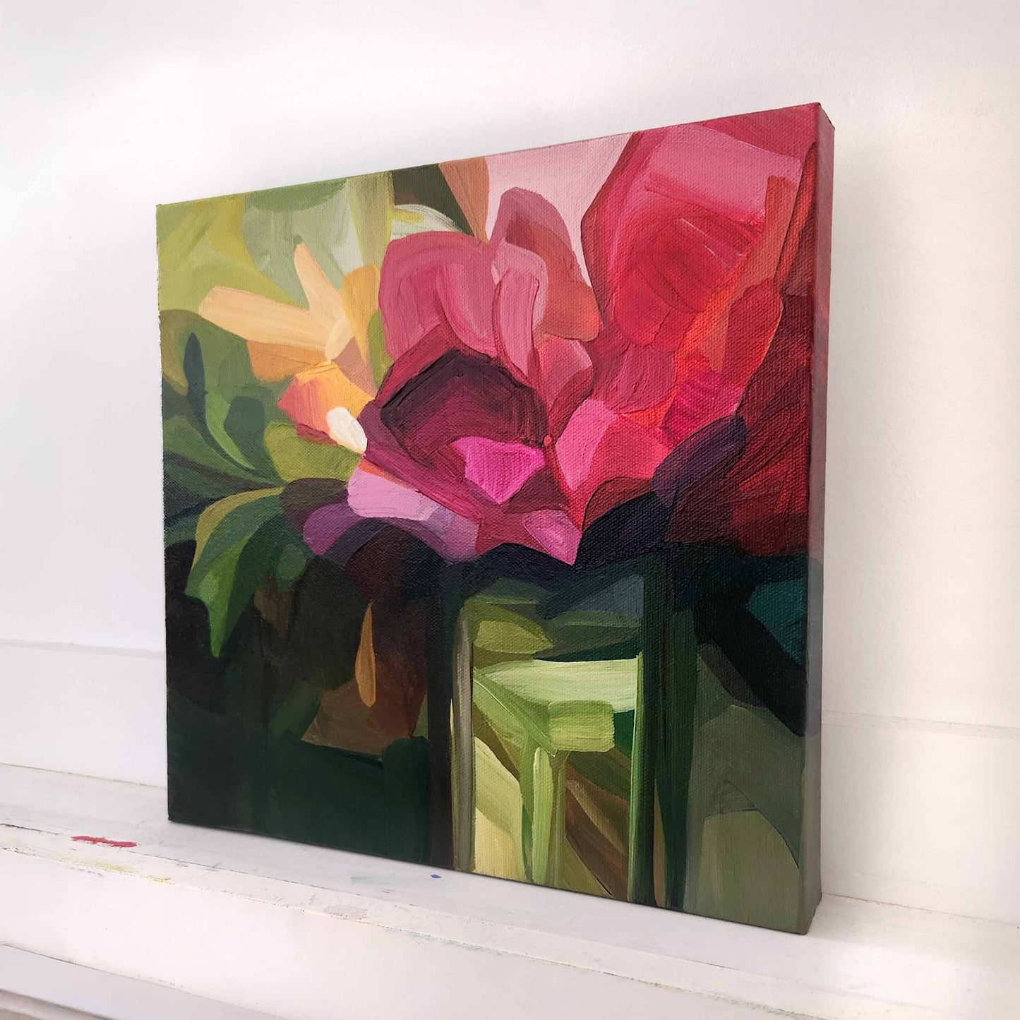 square abstract flower painting with magenta absgtract blooms