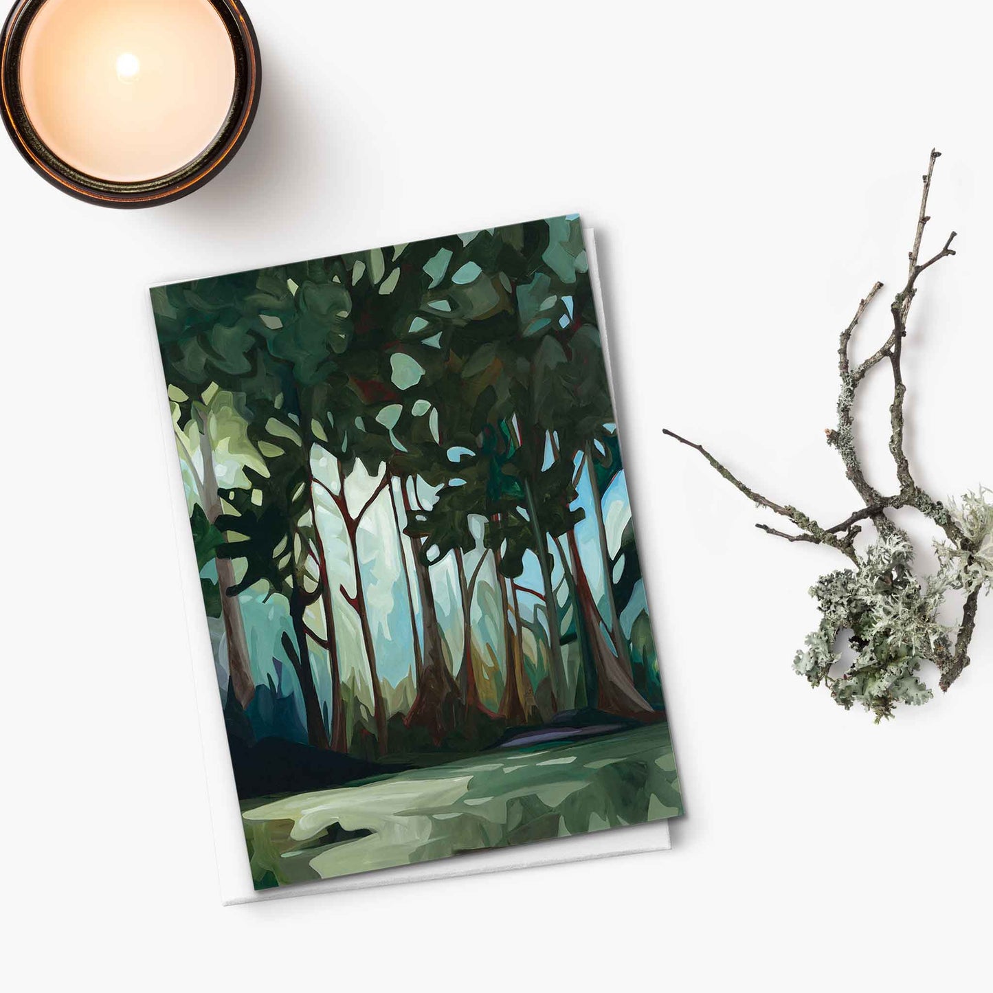 Forest landscape art card with trees and soft blue sky above
