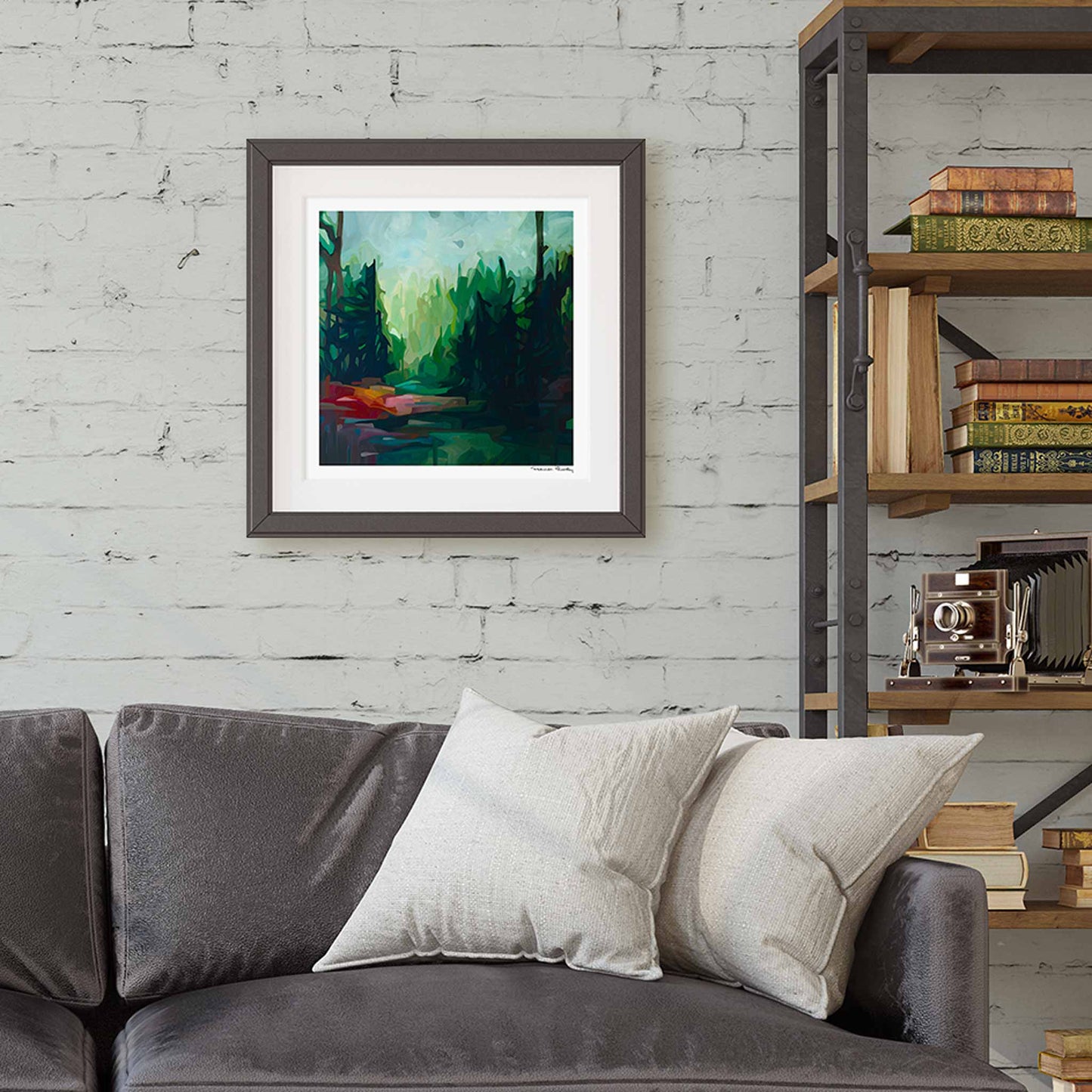 deep green abstract forest painting print artwork over sofa