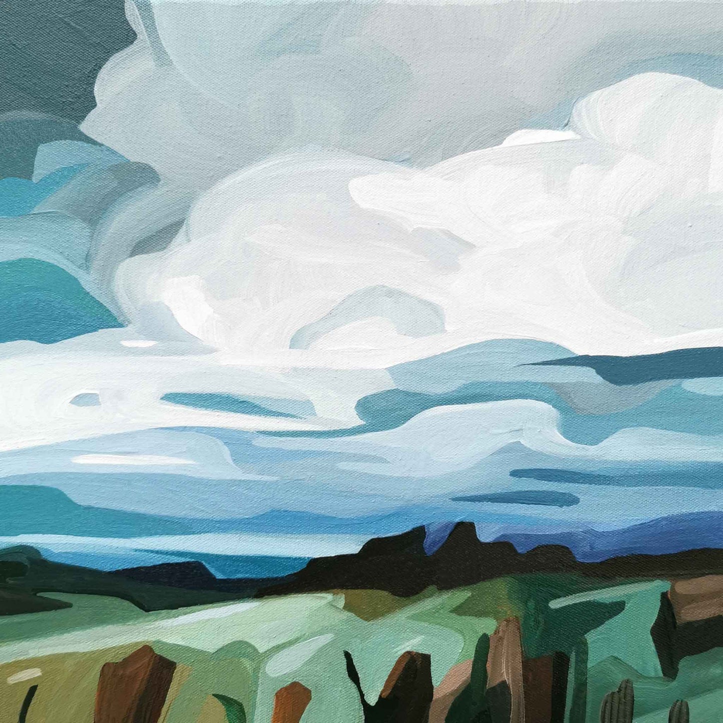 Contemporary abstract lakes & forest landscape oil original painting on gallery wrapped canvas by Susannah Bee.