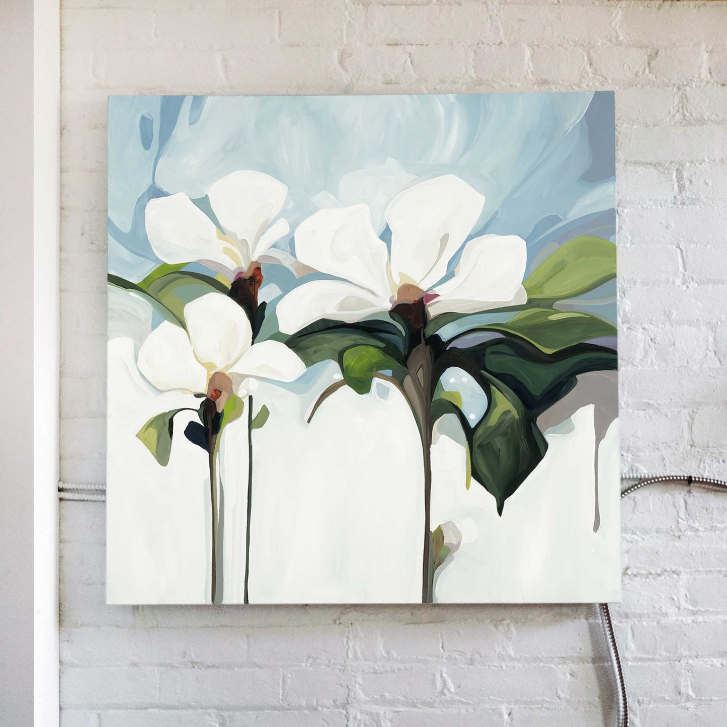 soft blue and white acrylic flower painting by Canadian artist Susannah Bleasby