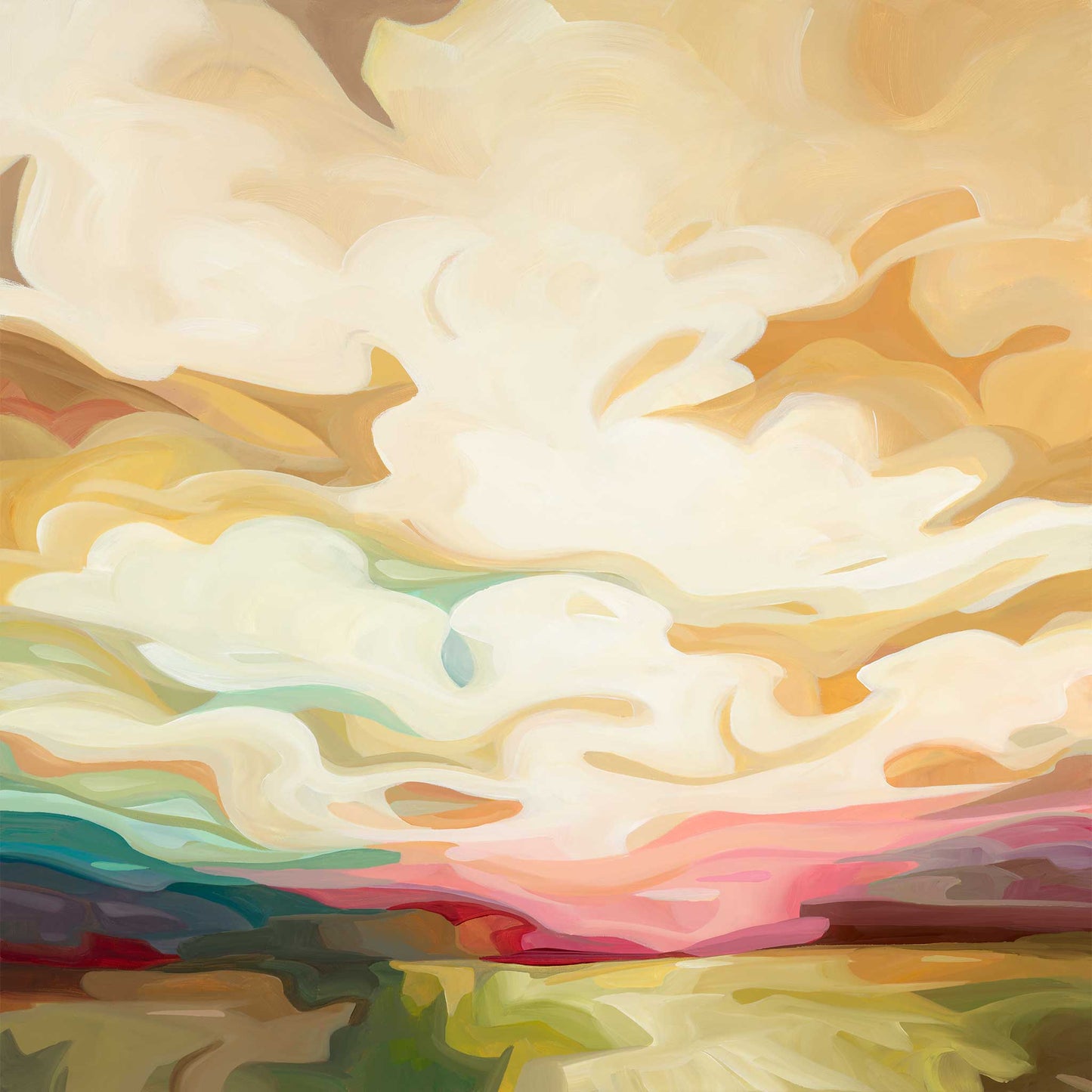 An acrylic cloud painting of a golden sunrise a sky painting created by Canadian artist Susannah Bleasby