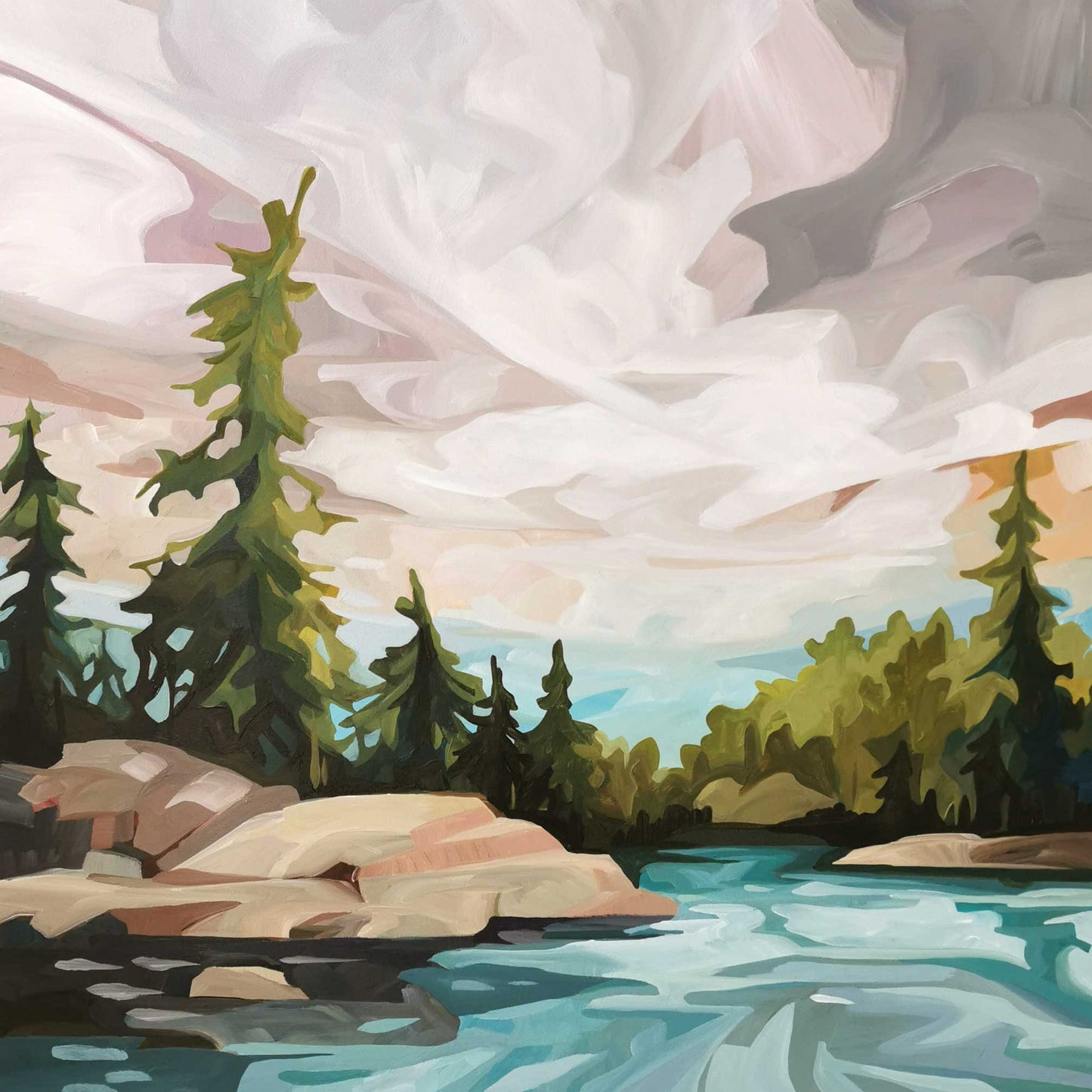 Geneva 40" x 40" original painting of a rocky shore in a smmer forest with colourful early evening sky