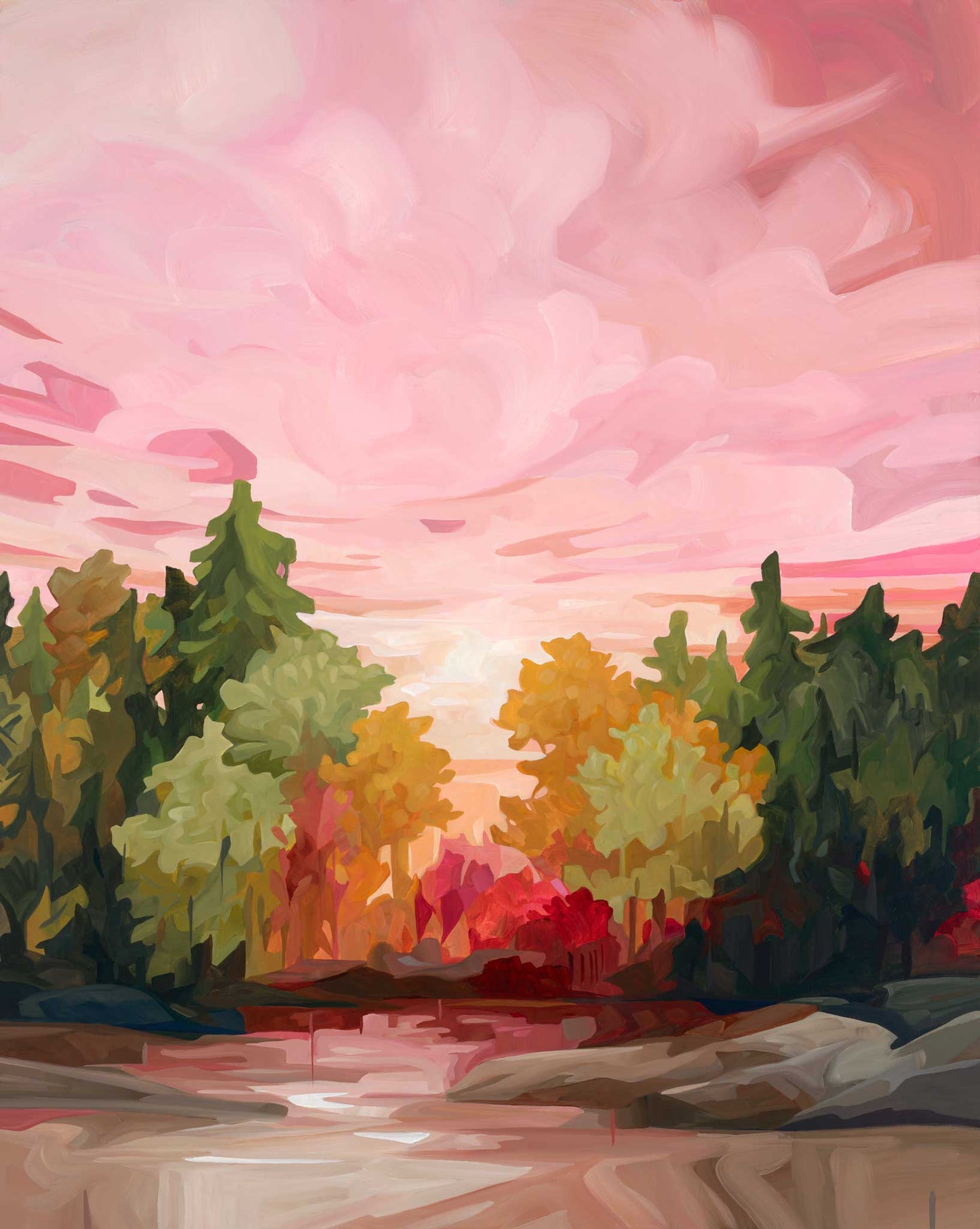 vertical art prints reproduction of fall forest painting by Canadian abstract artist Susannah Bleasby