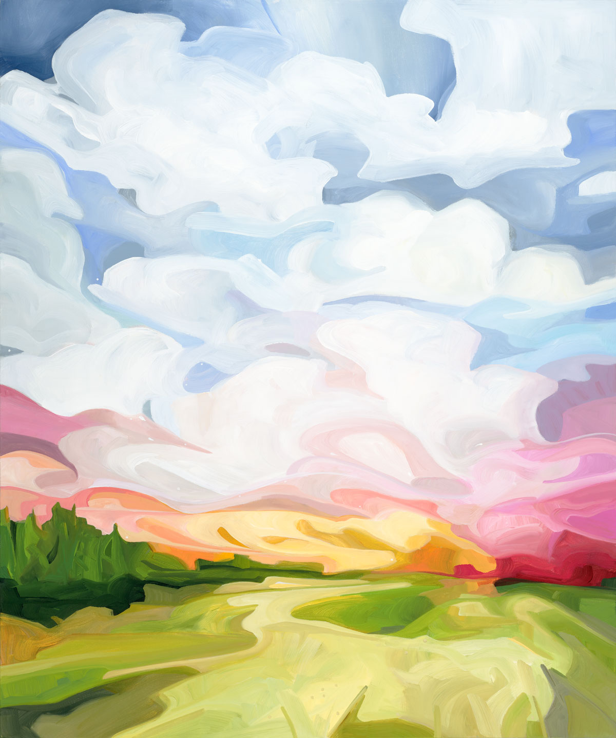 Heavens Above Limited Edition fine art print colourful sunrise soft billowy white clouds floating above a lush green field.