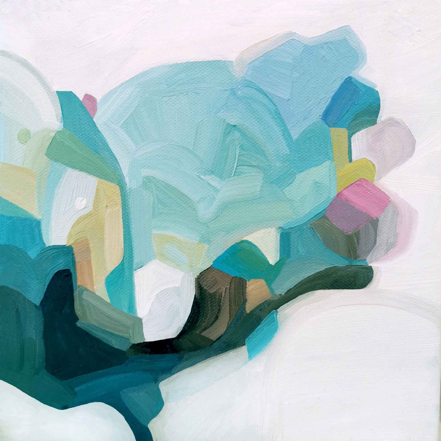abstract painting in oil with colourful palette of light blue turquoise and green
