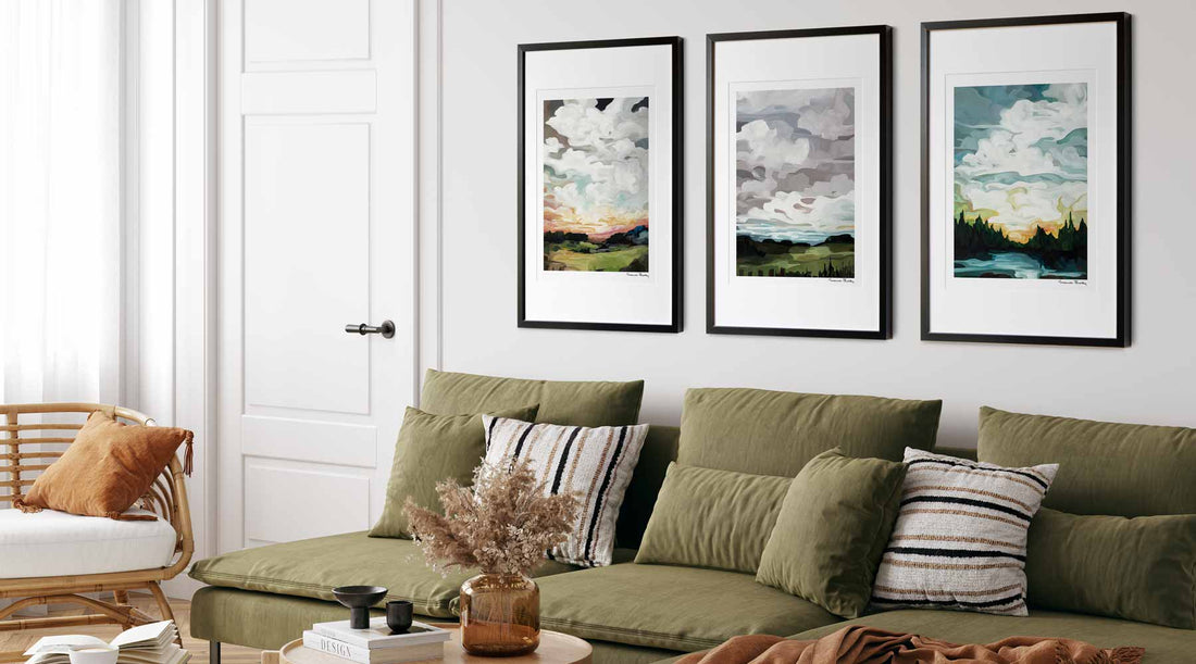 acrylic sky painting vertical art prints hanging in a living room art gallery wall