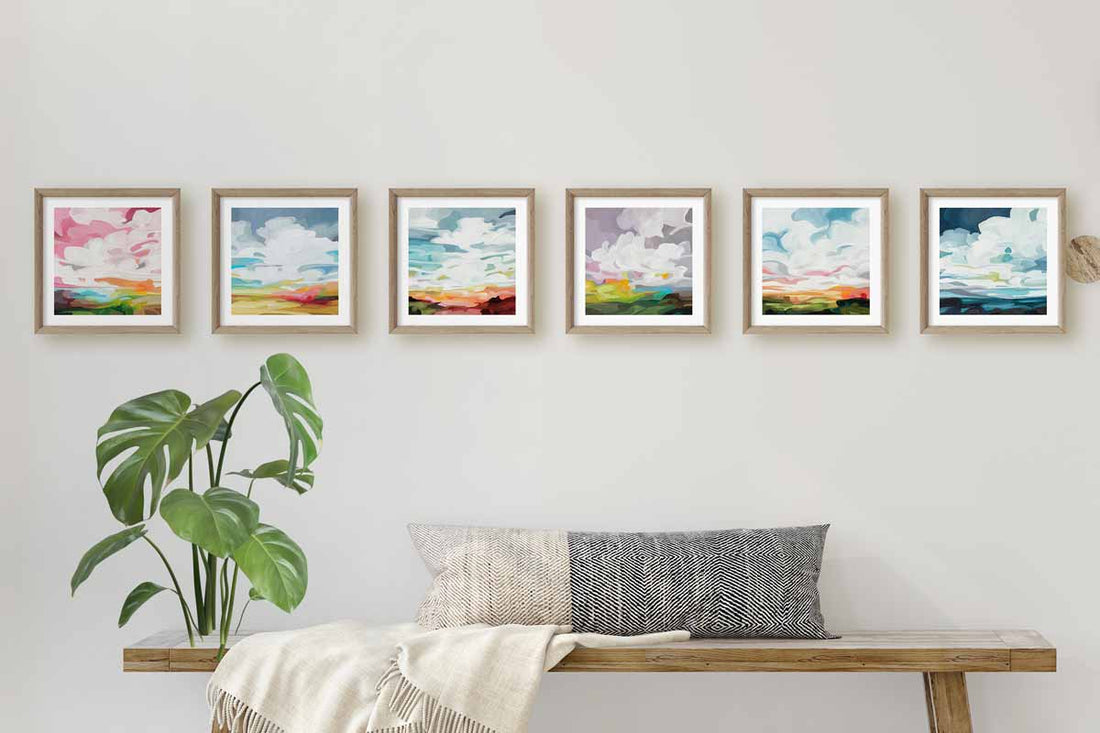spring sky painting collection of six 12x12 art prints of blissful skies from Canadian abstract artist Susannah Bleasby
