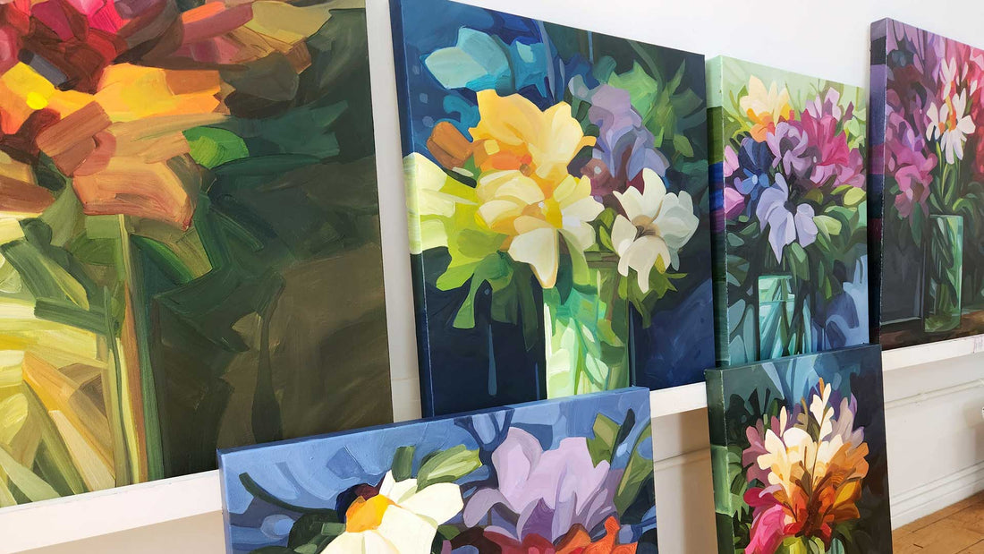 a colleciton of large colourful wildflower paintings