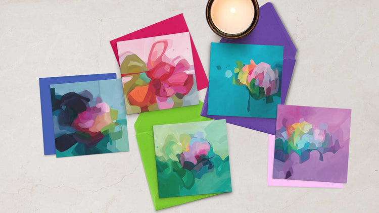 UK art cards with colourful abstract designs