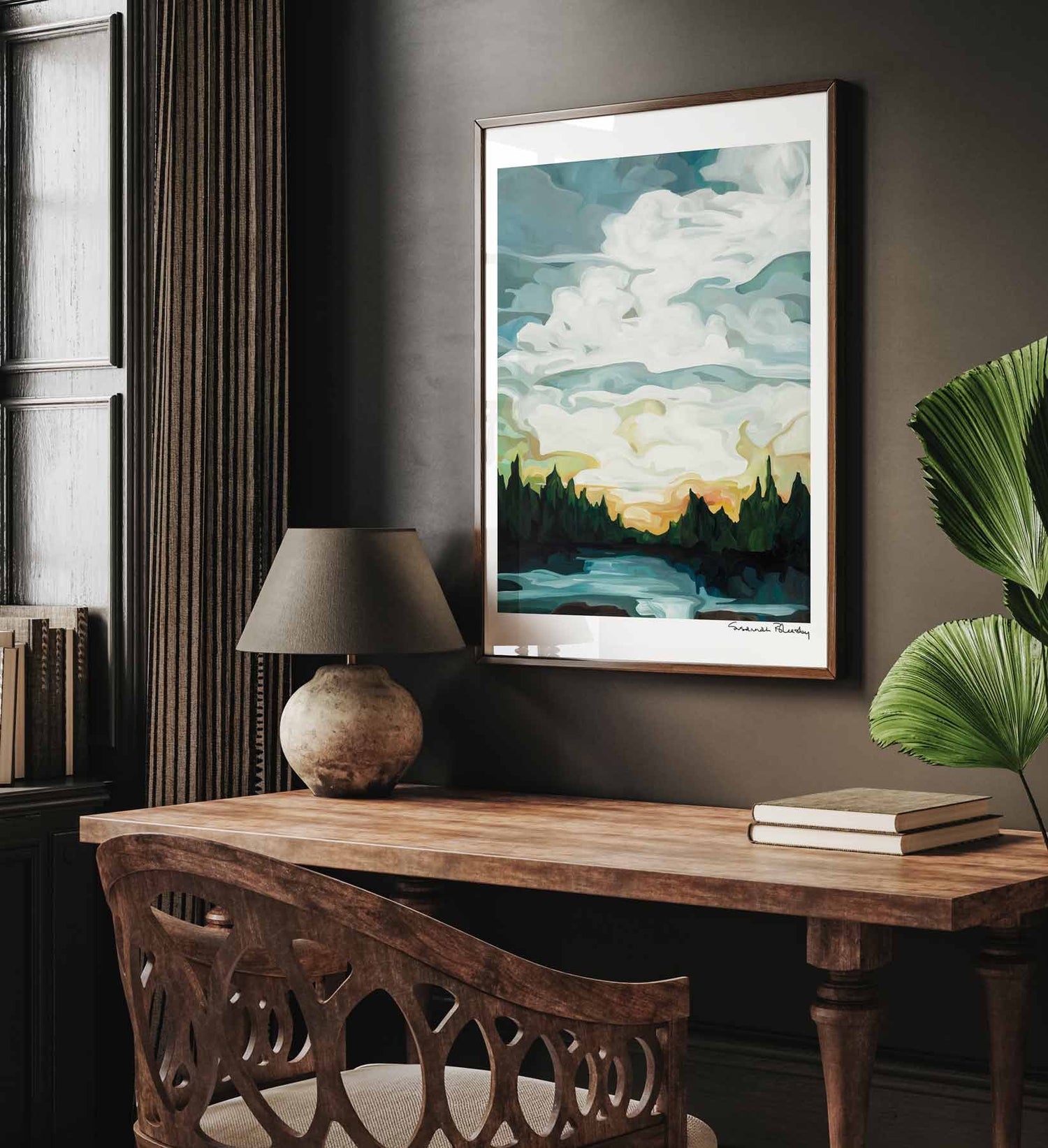 large vertical art print of an abstract sky painting in study