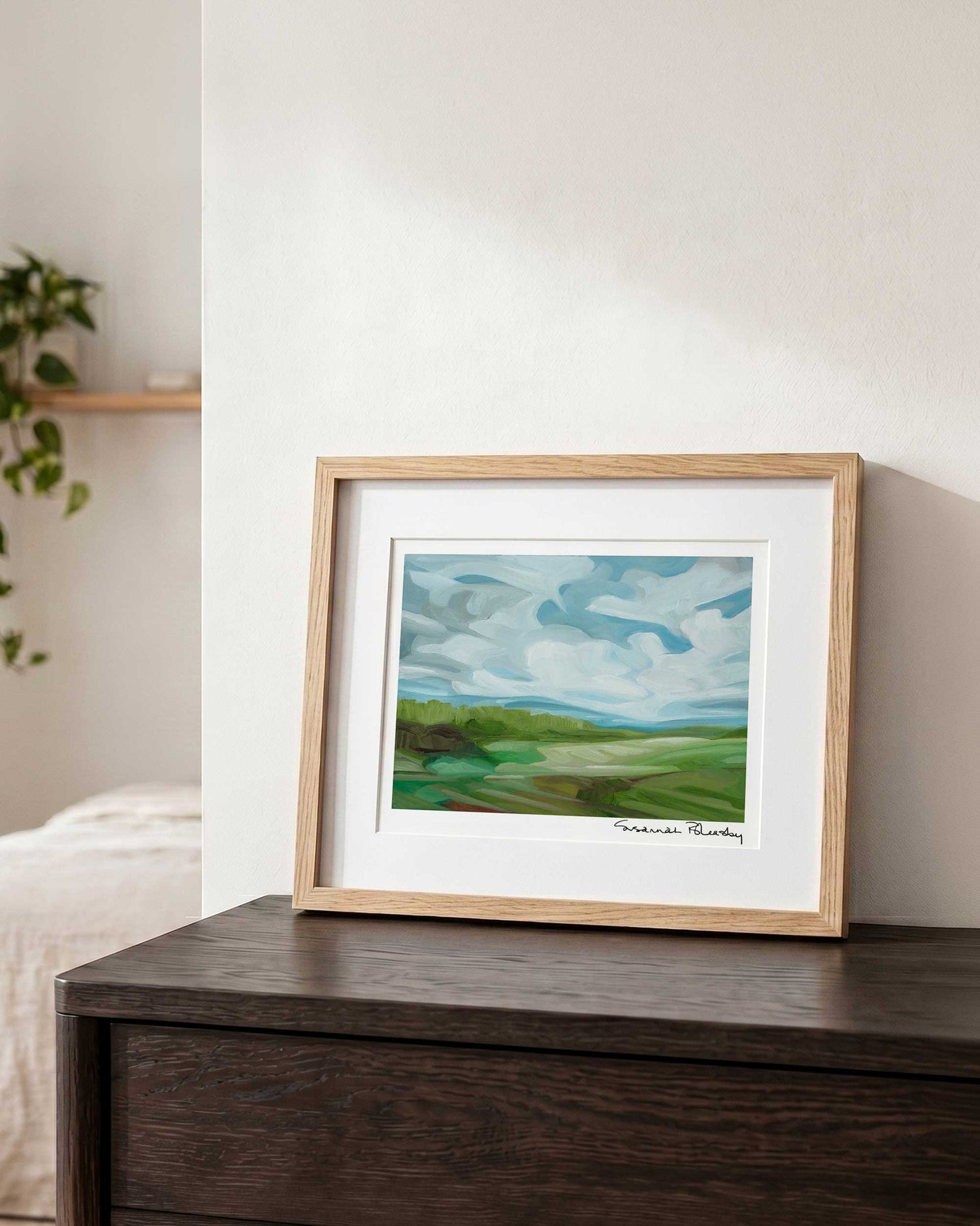 fresh spring landscape fine art print in oak frame